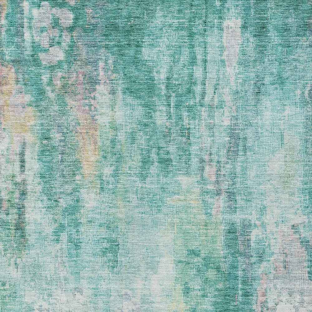 9' X 12' Teal Blue Peach And Ivory Abstract Washable Indoor Outdoor Area Rug