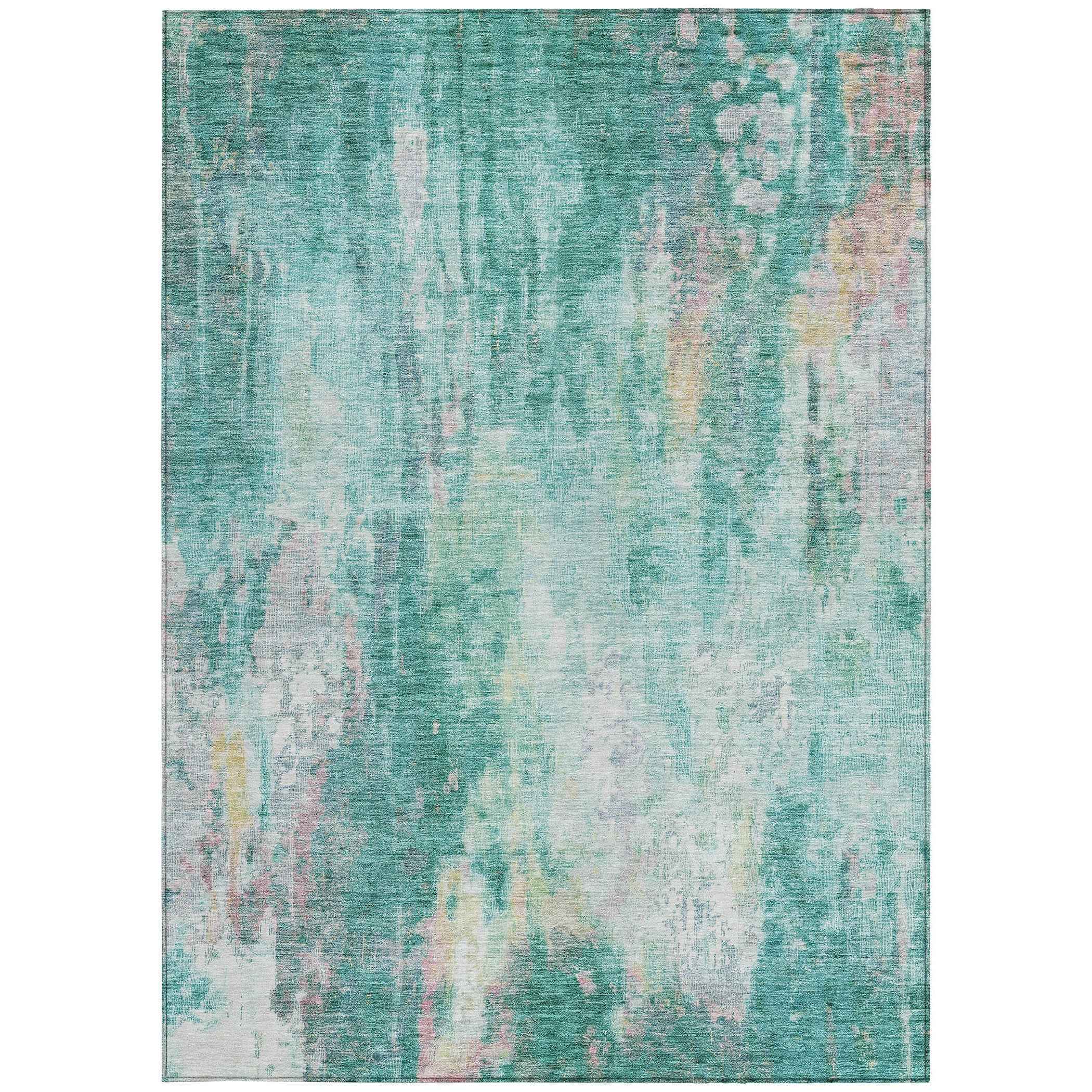 9' X 12' Teal Blue Peach And Ivory Abstract Washable Indoor Outdoor Area Rug