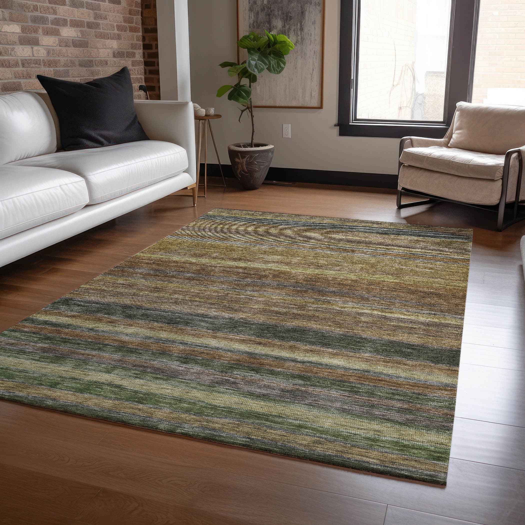 3' X 5' Brown And Gray Striped Washable Indoor Outdoor Area Rug