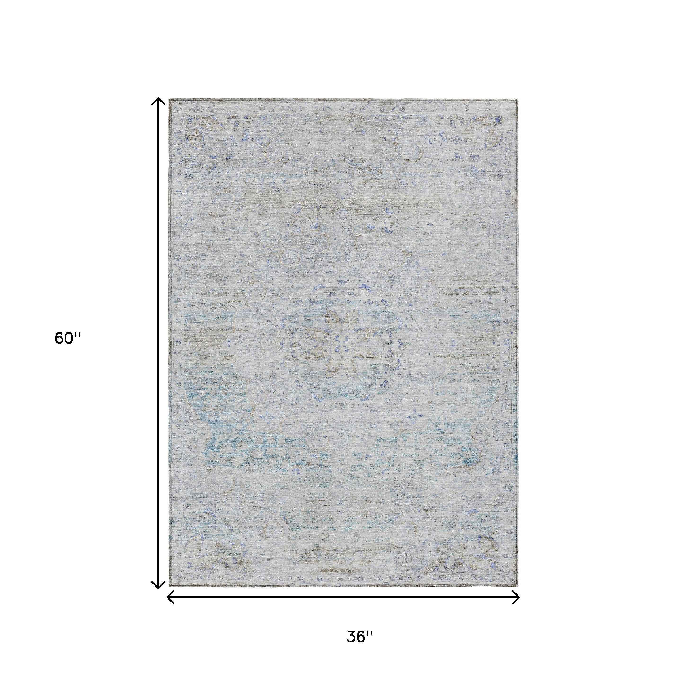 3' X 5' Beige And Blue Medallion Washable Indoor Outdoor Area Rug