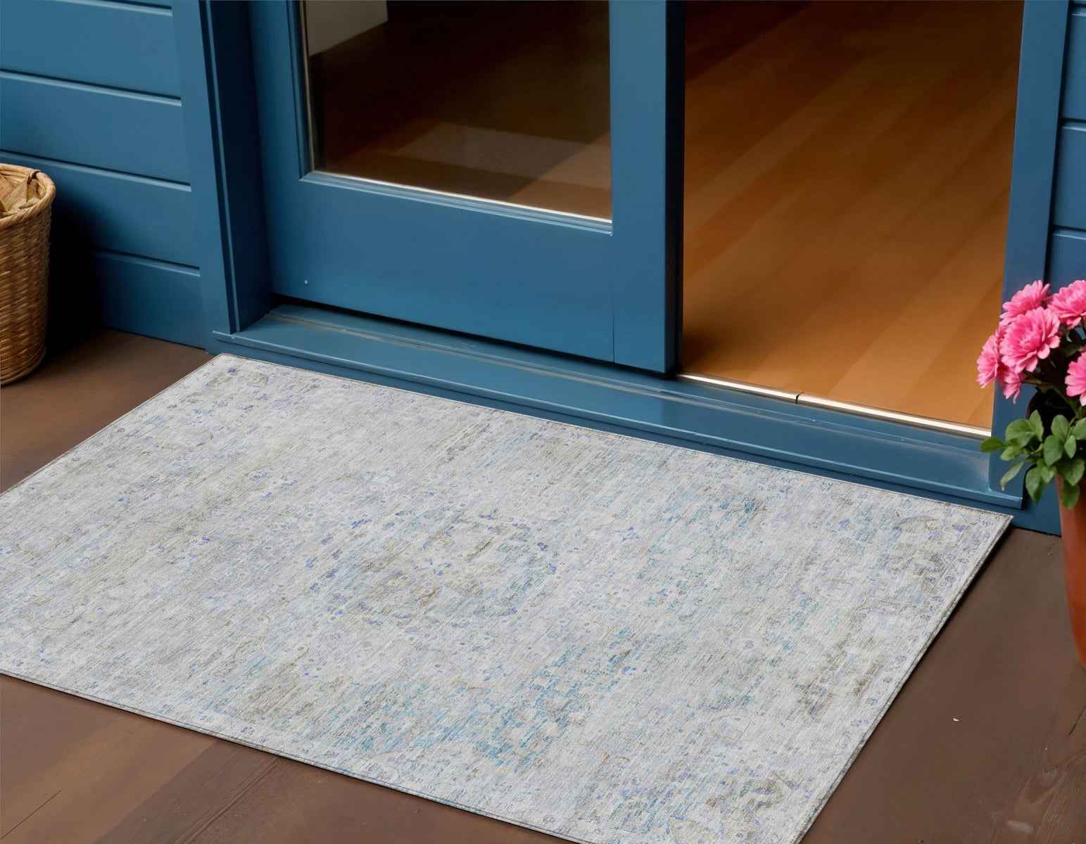 3' X 5' Beige And Blue Medallion Washable Indoor Outdoor Area Rug