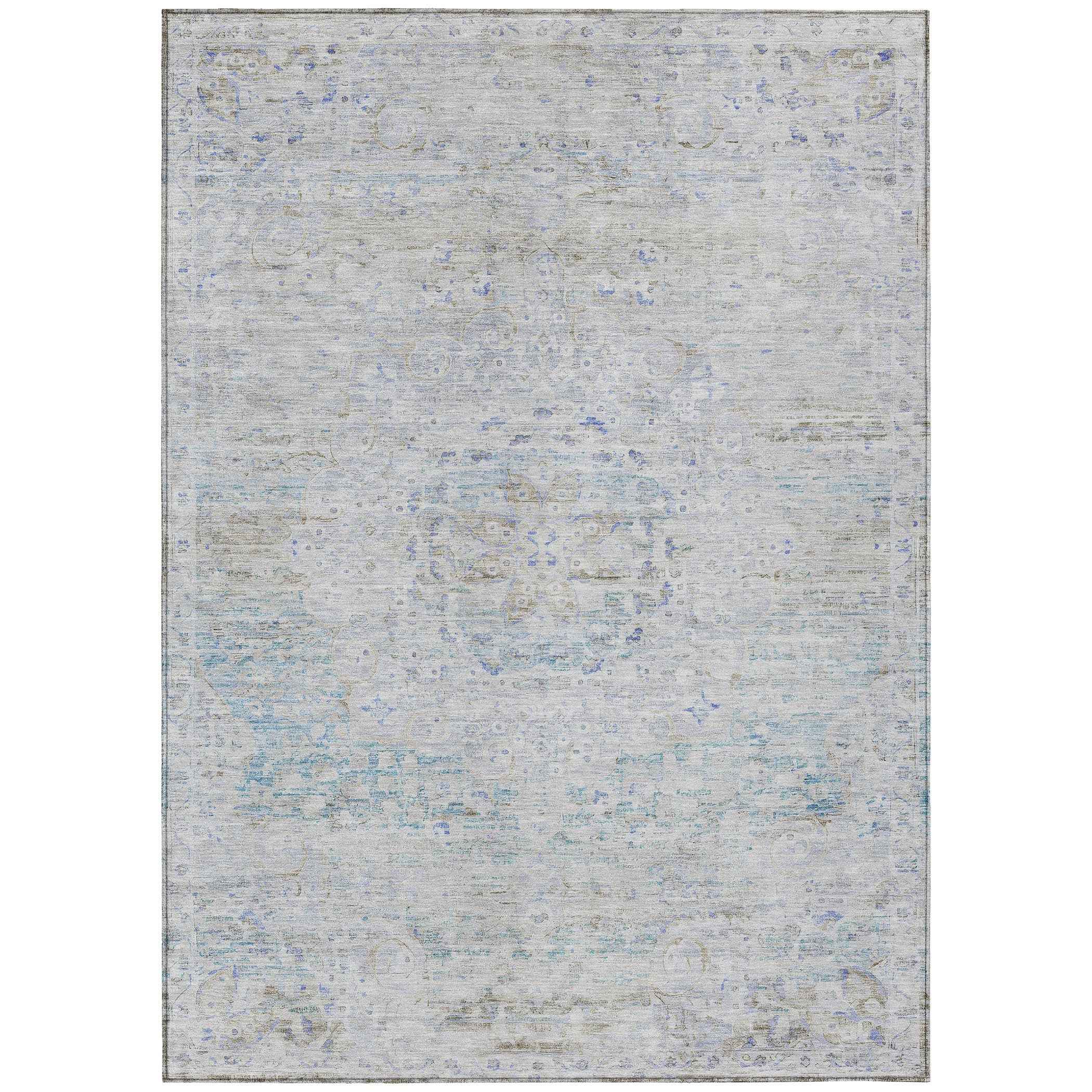 3' X 5' Beige And Blue Medallion Washable Indoor Outdoor Area Rug