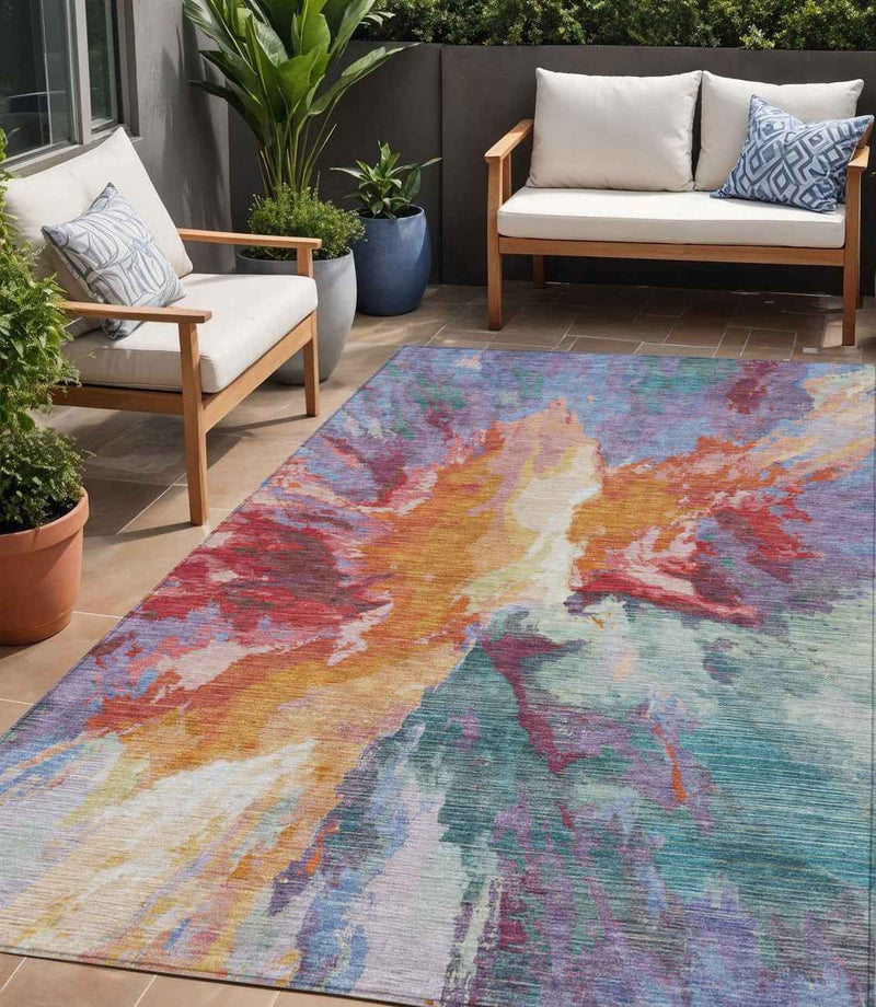 5' X 8' Orange Red And Teal Blue Abstract Washable Indoor Outdoor Area Rug