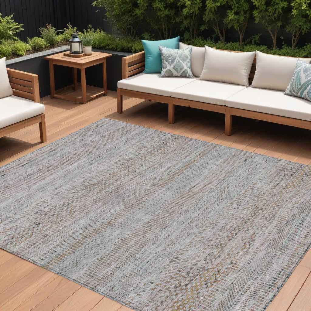 8' X 10' Linen And Gray Striped Washable Indoor Outdoor Area Rug