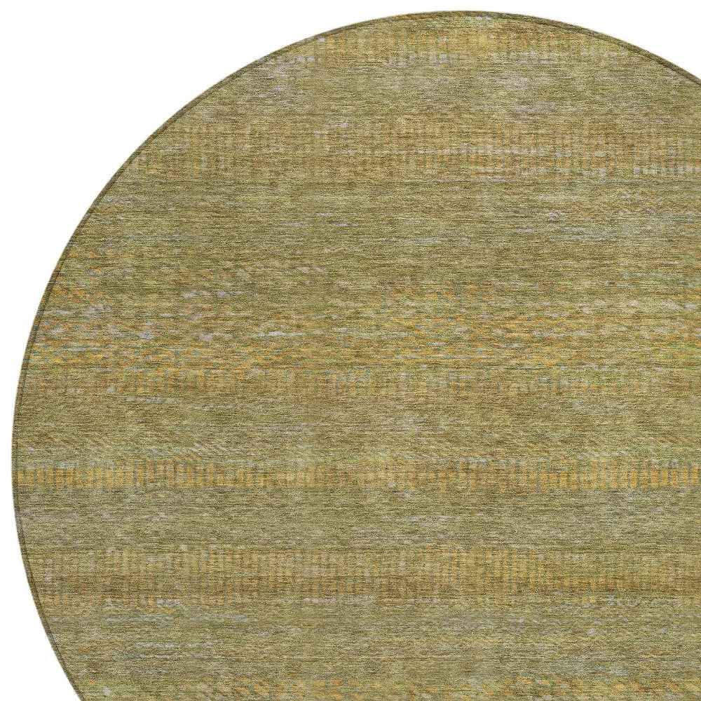8' Sage And Gold Round Striped Washable Indoor Outdoor Area Rug