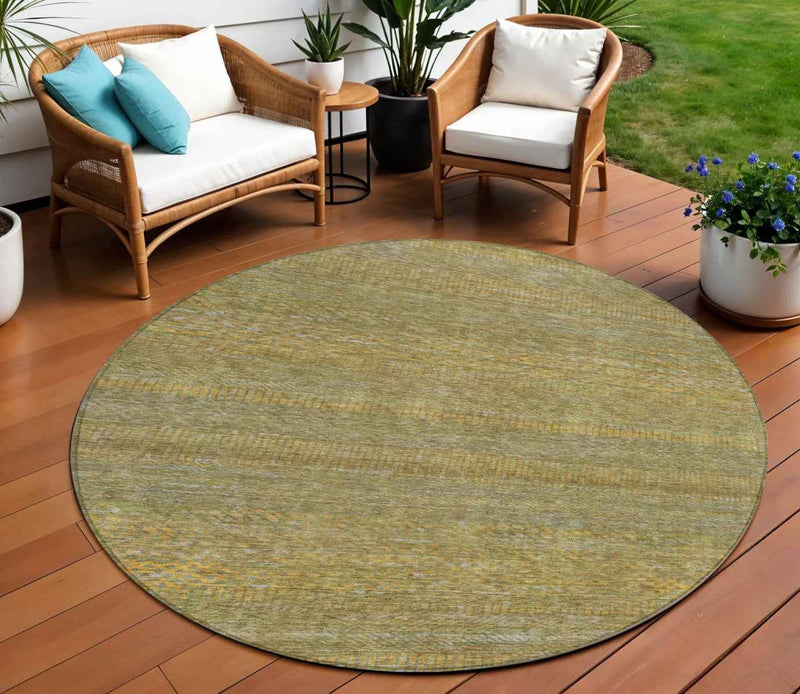 8' Sage And Gold Round Striped Washable Indoor Outdoor Area Rug