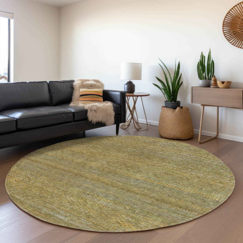 8' Sage And Gold Round Striped Washable Indoor Outdoor Area Rug