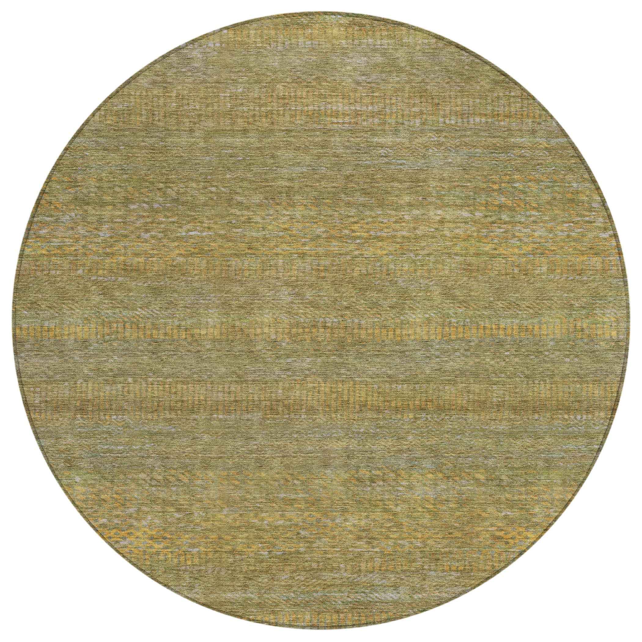 8' Sage And Gold Round Striped Washable Indoor Outdoor Area Rug
