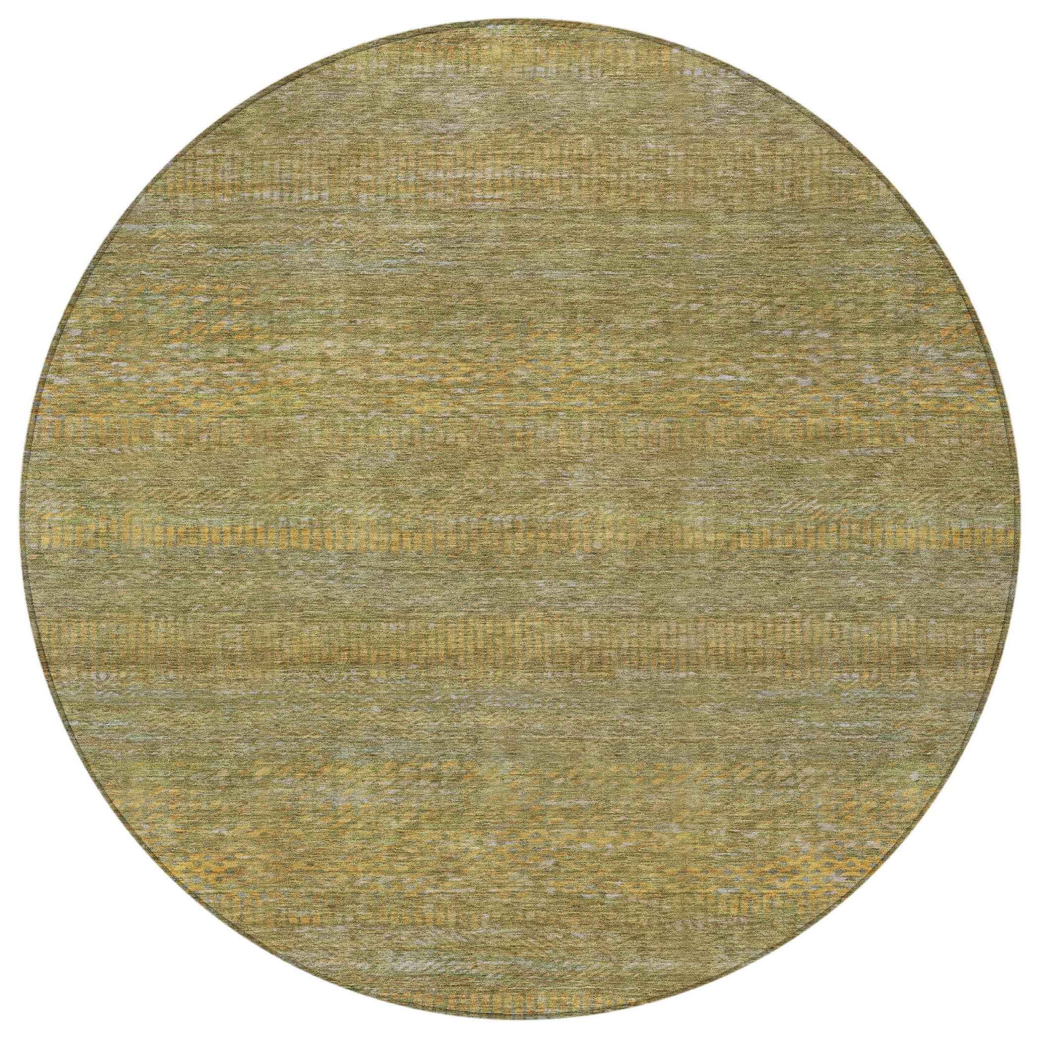 8' Sage And Gold Round Striped Washable Indoor Outdoor Area Rug