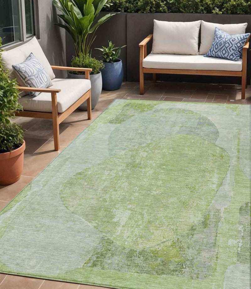 5' X 8' Artichoke Green And Mint Green Abstract Washable Indoor Outdoor Area Rug