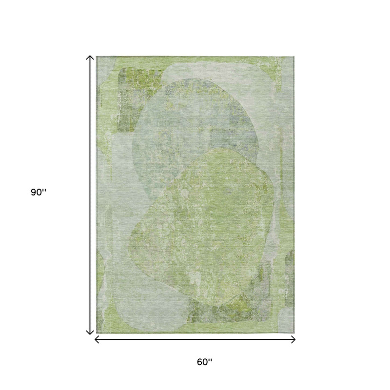 5' X 8' Artichoke Green And Mint Green Abstract Washable Indoor Outdoor Area Rug