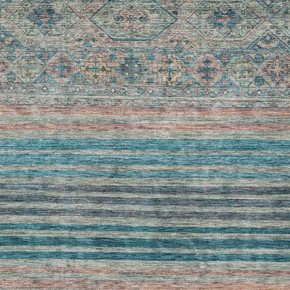 9' X 12' Teal Blue Salmon And Beige Medallion Washable Indoor Outdoor Area Rug