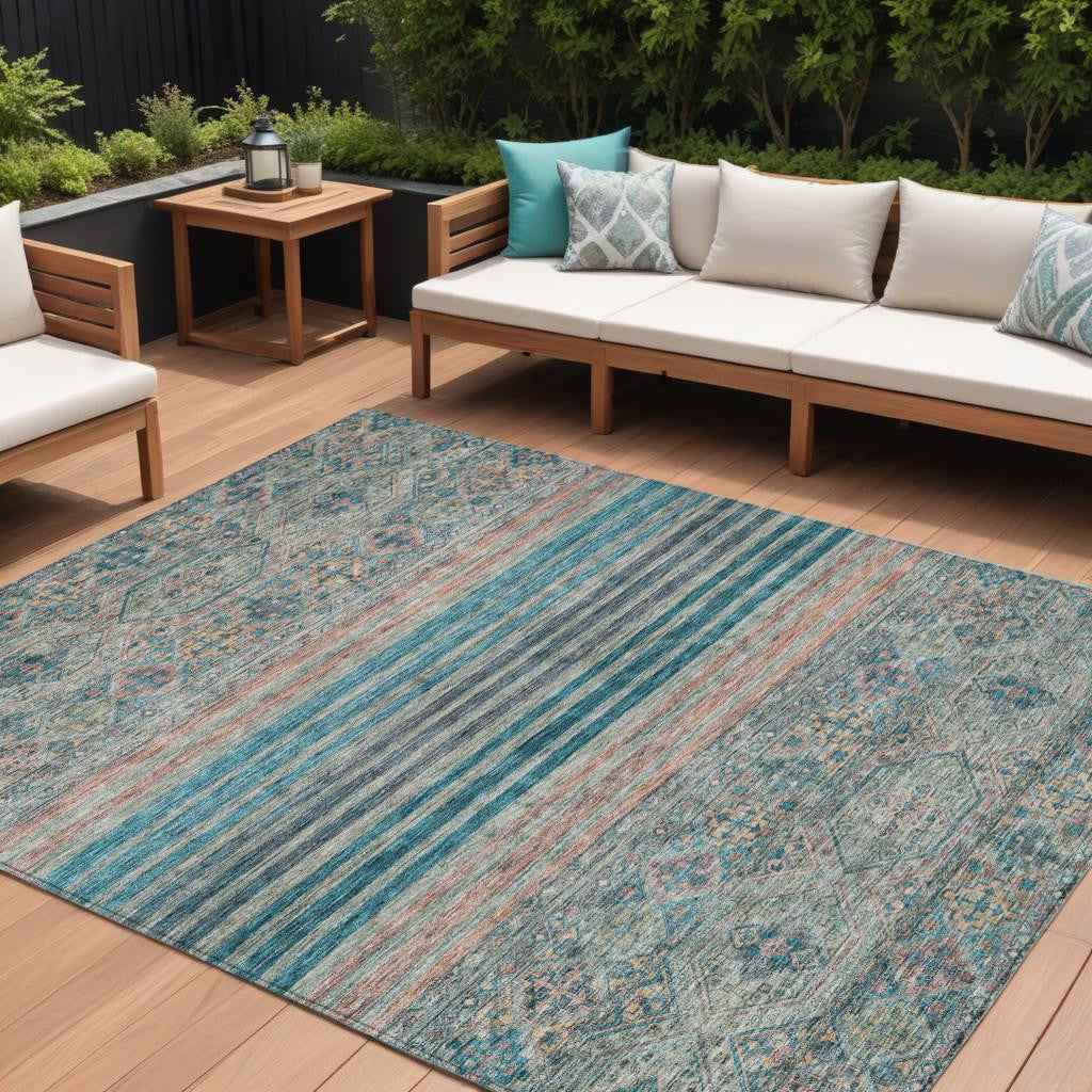 9' X 12' Teal Blue Salmon And Beige Medallion Washable Indoor Outdoor Area Rug