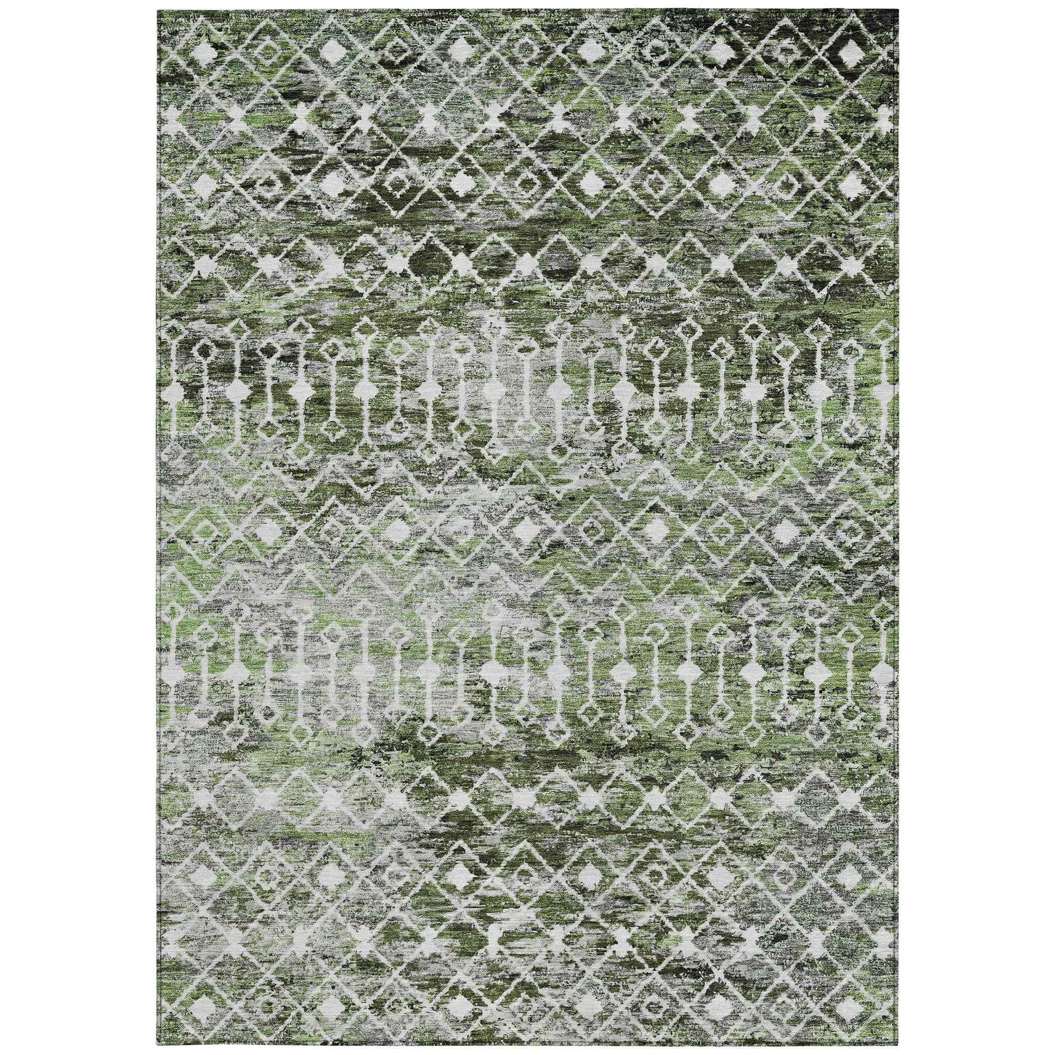 5' X 8' Olive Green And Ivory Argyle Washable Indoor Outdoor Area Rug