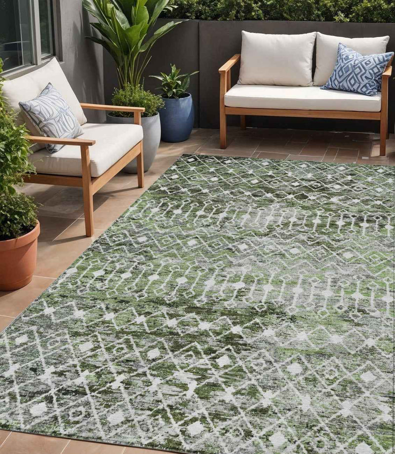 5' X 8' Olive Green And Ivory Argyle Washable Indoor Outdoor Area Rug