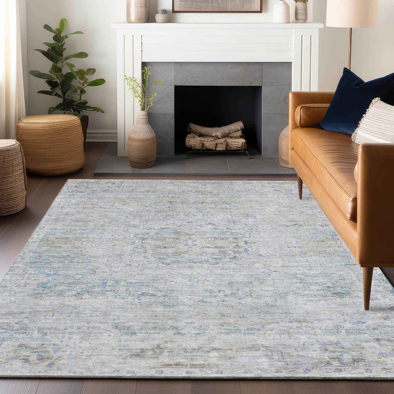 5' X 8' Beige And Blue Medallion Washable Indoor Outdoor Area Rug