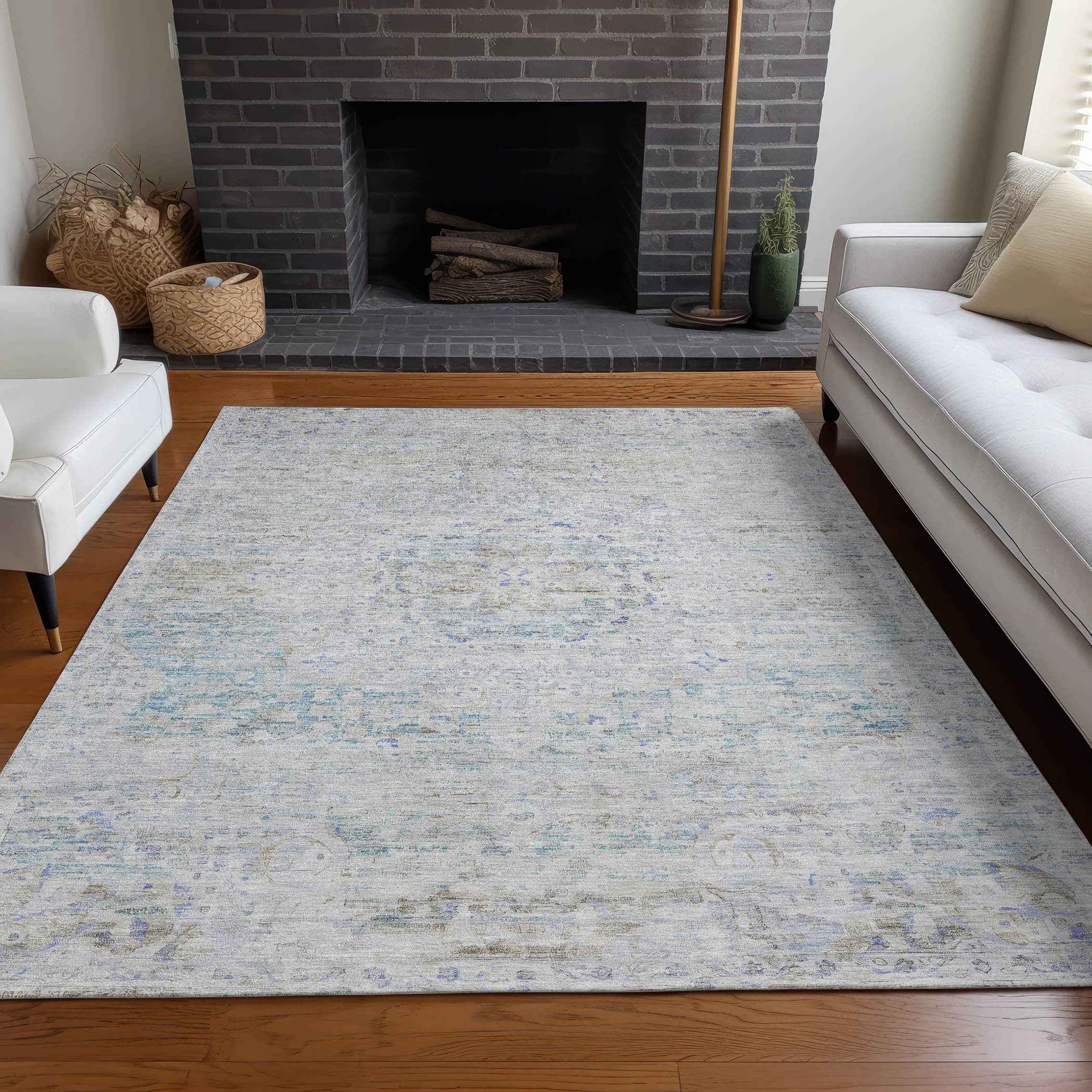 5' X 8' Beige And Blue Medallion Washable Indoor Outdoor Area Rug