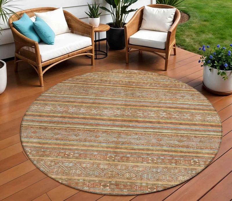 8' Terra Cotta Copper And Gray Round Southwestern Washable Indoor Outdoor Area Rug