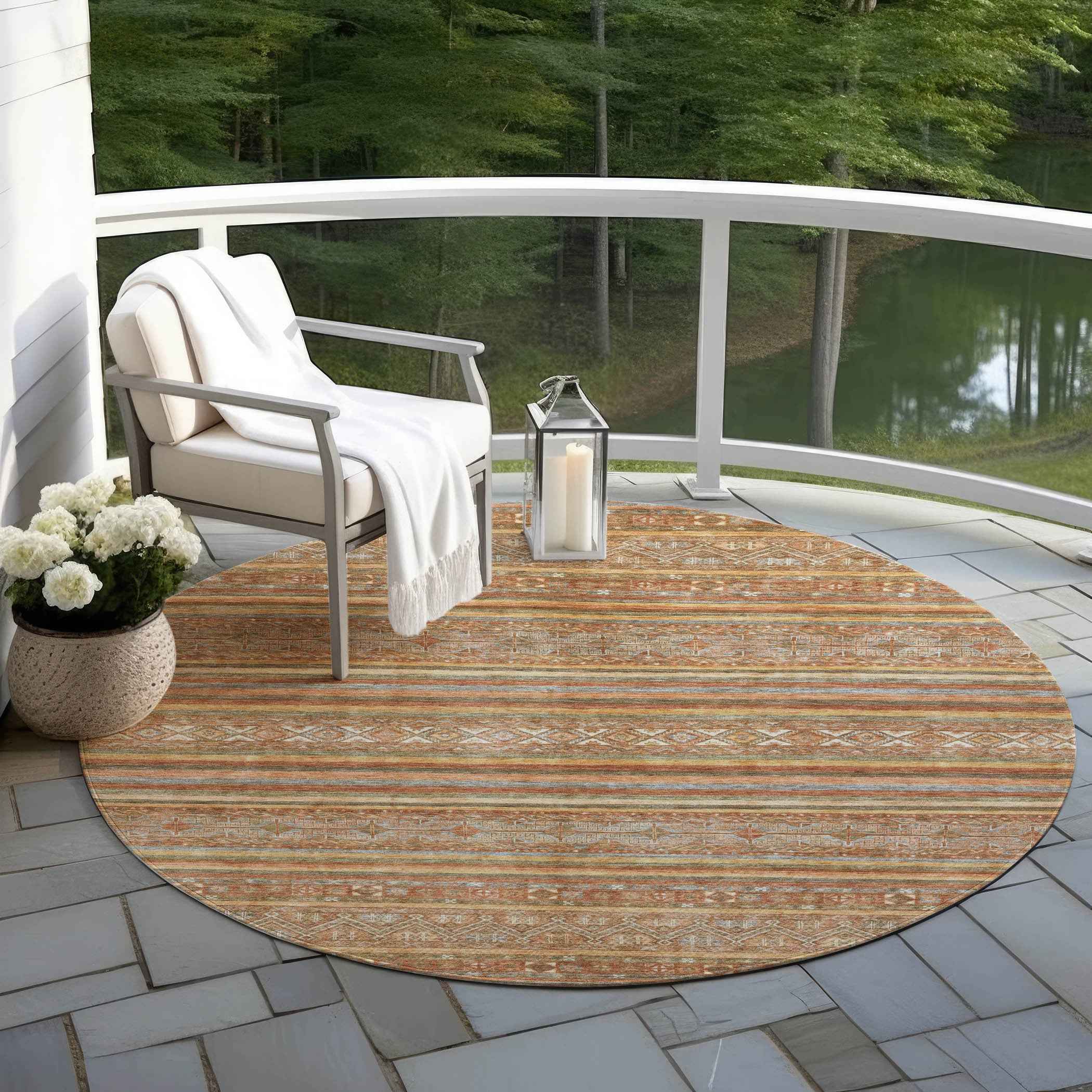 8' Terra Cotta Copper And Gray Round Southwestern Washable Indoor Outdoor Area Rug