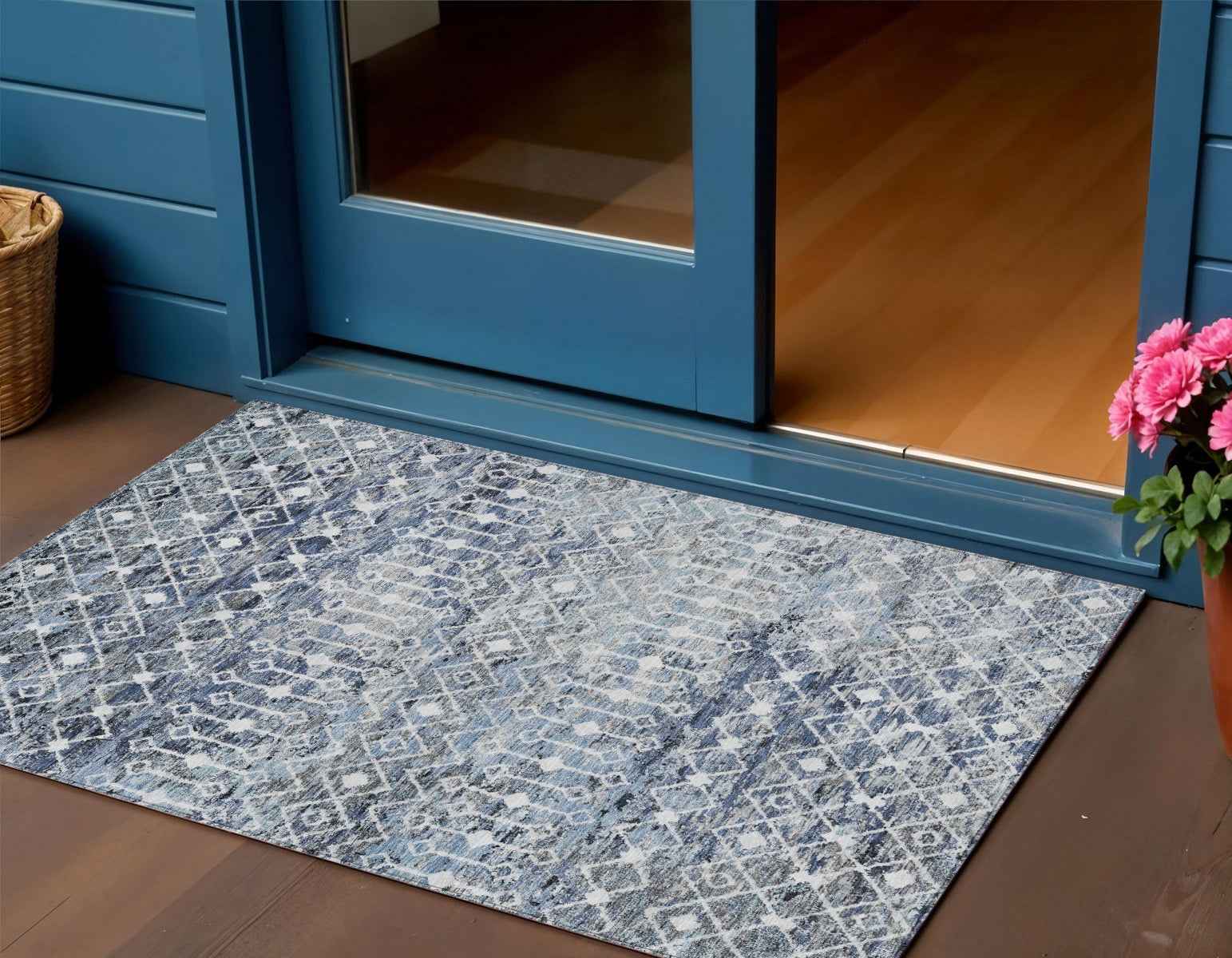 3' X 5' Blue And Silver Argyle Washable Indoor Outdoor Area Rug