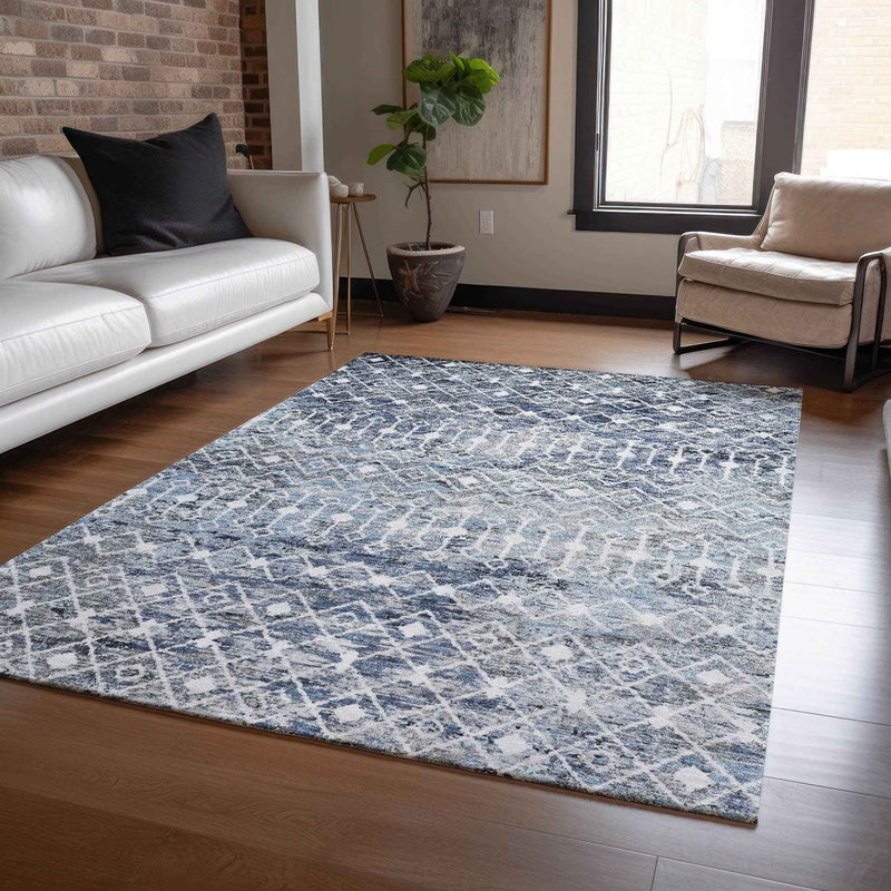 3' X 5' Blue And Silver Argyle Washable Indoor Outdoor Area Rug