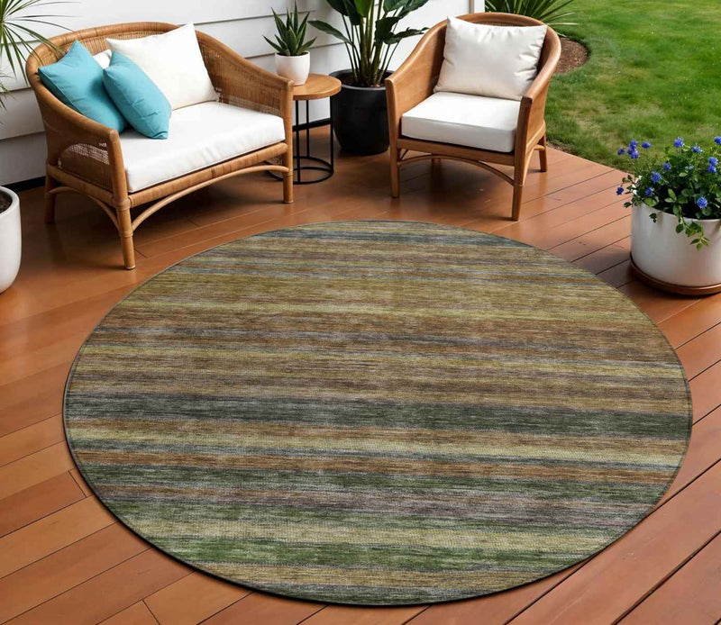8' Brown And Gray Round Striped Washable Indoor Outdoor Area Rug