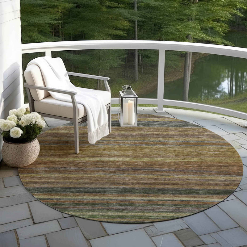 8' Brown And Gray Round Striped Washable Indoor Outdoor Area Rug