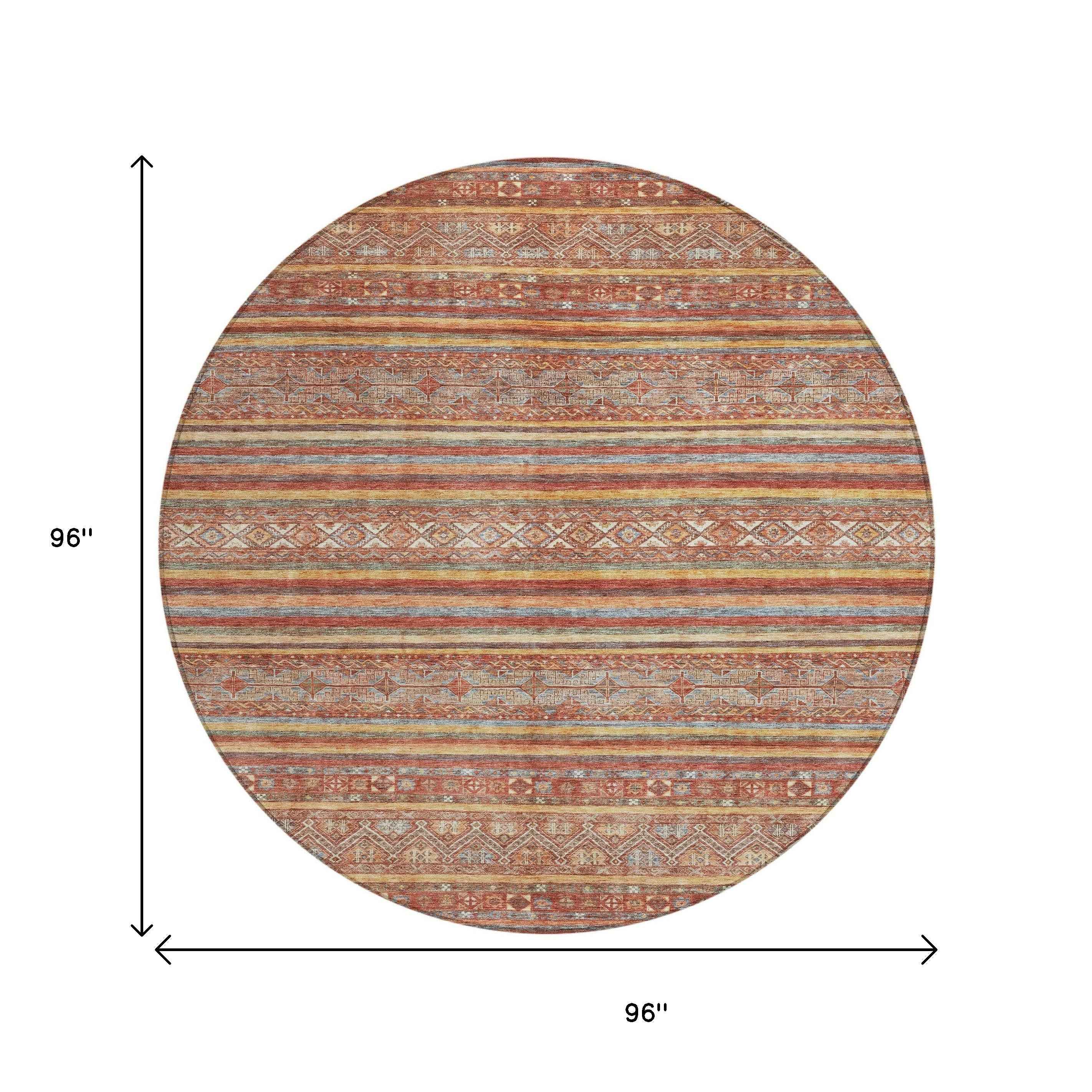 8' Rust Gold And Silver Round Southwestern Washable Indoor Outdoor Area Rug