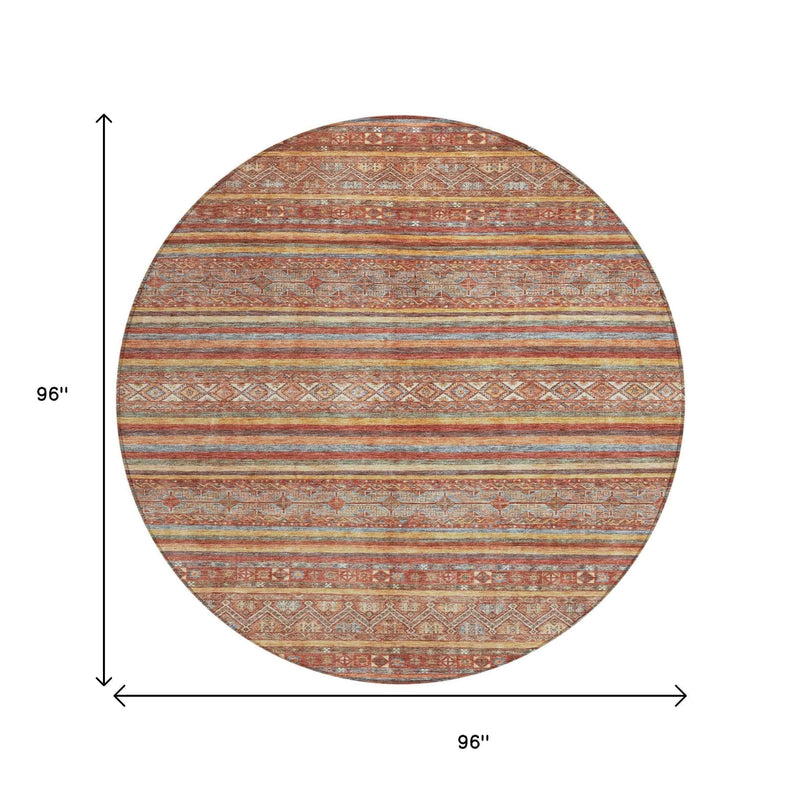 8' Rust Gold And Silver Round Southwestern Washable Indoor Outdoor Area Rug