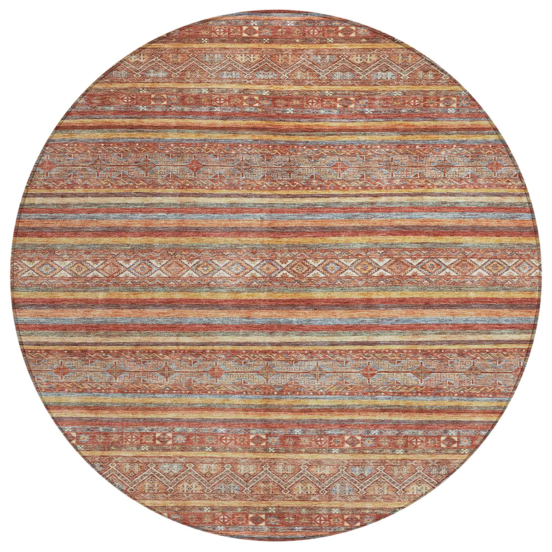 8' Rust Gold And Silver Round Southwestern Washable Indoor Outdoor Area Rug