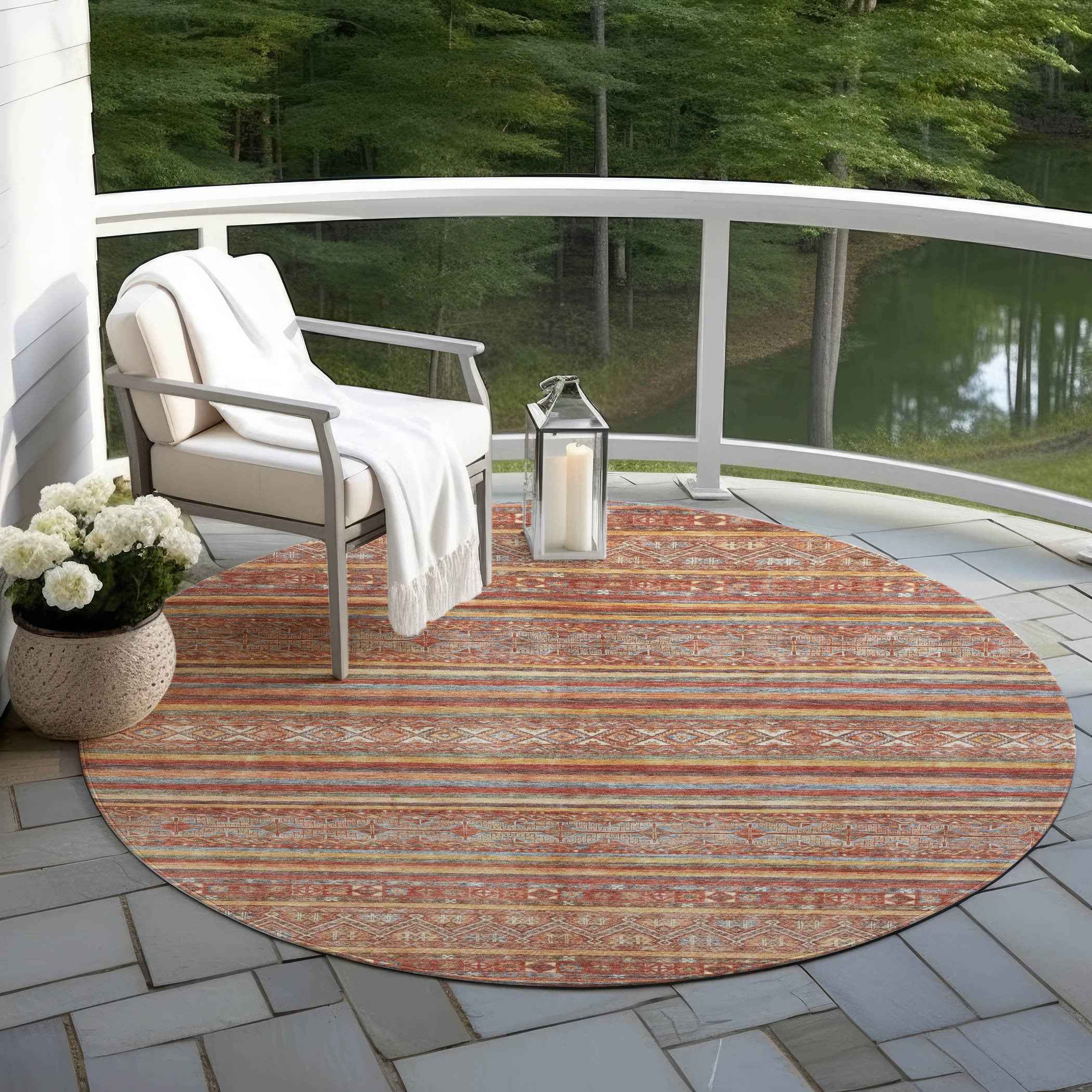 8' Rust Gold And Silver Round Southwestern Washable Indoor Outdoor Area Rug
