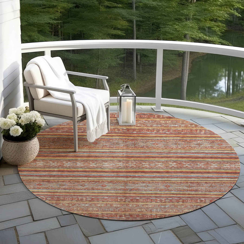 8' Rust Gold And Silver Round Southwestern Washable Indoor Outdoor Area Rug