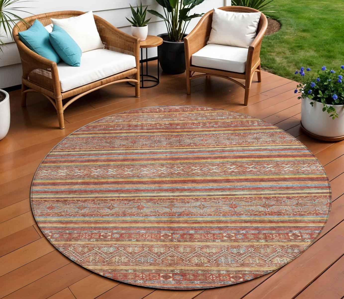 8' Rust Gold And Silver Round Southwestern Washable Indoor Outdoor Area Rug