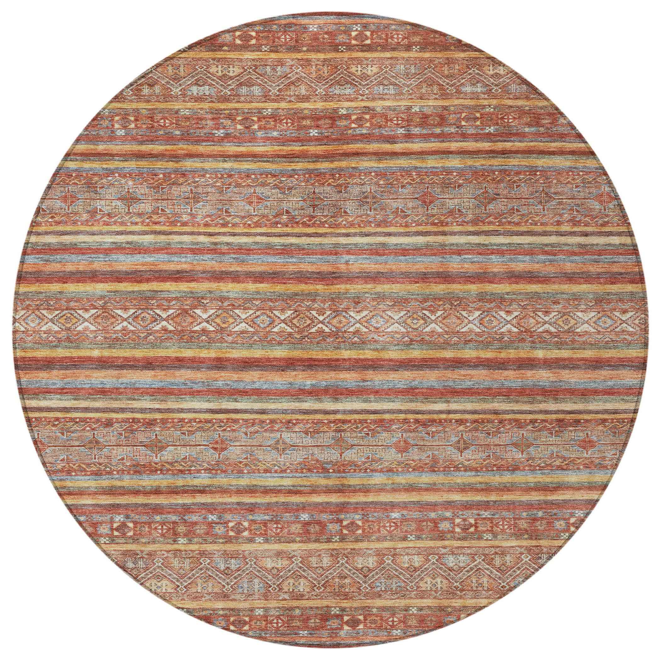 8' Rust Gold And Silver Round Southwestern Washable Indoor Outdoor Area Rug