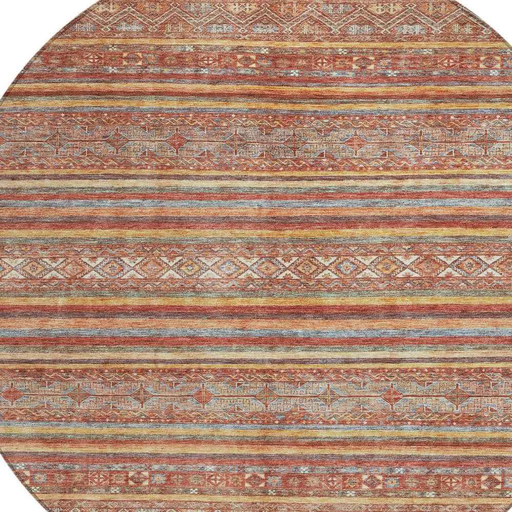 8' Rust Gold And Silver Round Southwestern Washable Indoor Outdoor Area Rug
