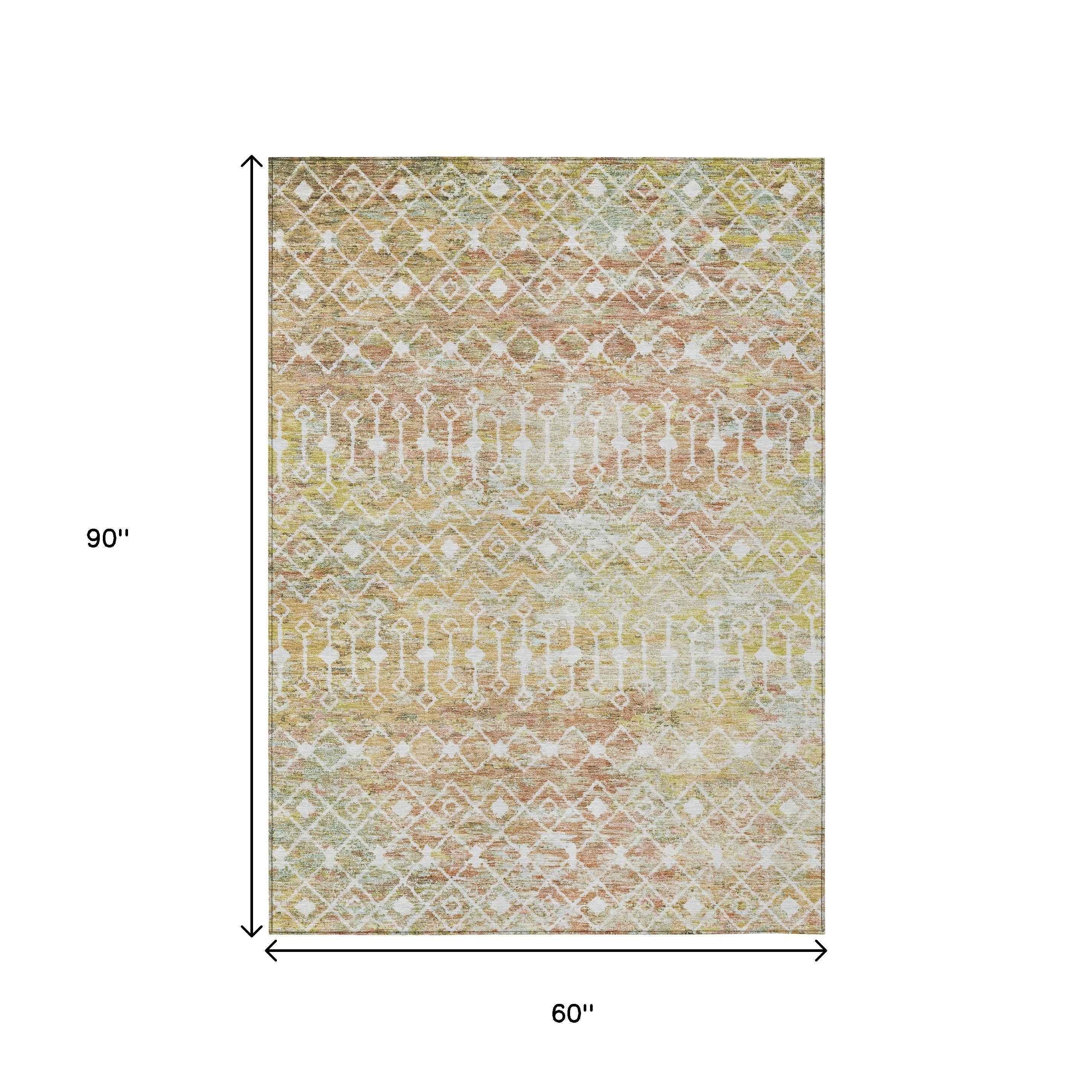 5' X 8' Peach And Ivory Argyle Washable Indoor Outdoor Area Rug