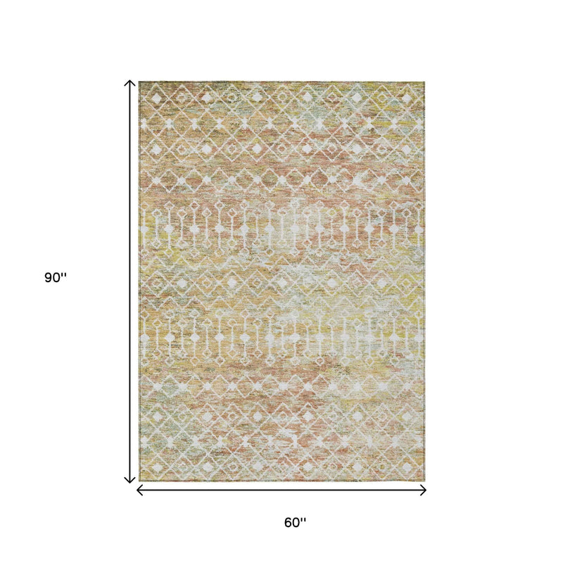 5' X 8' Peach And Ivory Argyle Washable Indoor Outdoor Area Rug