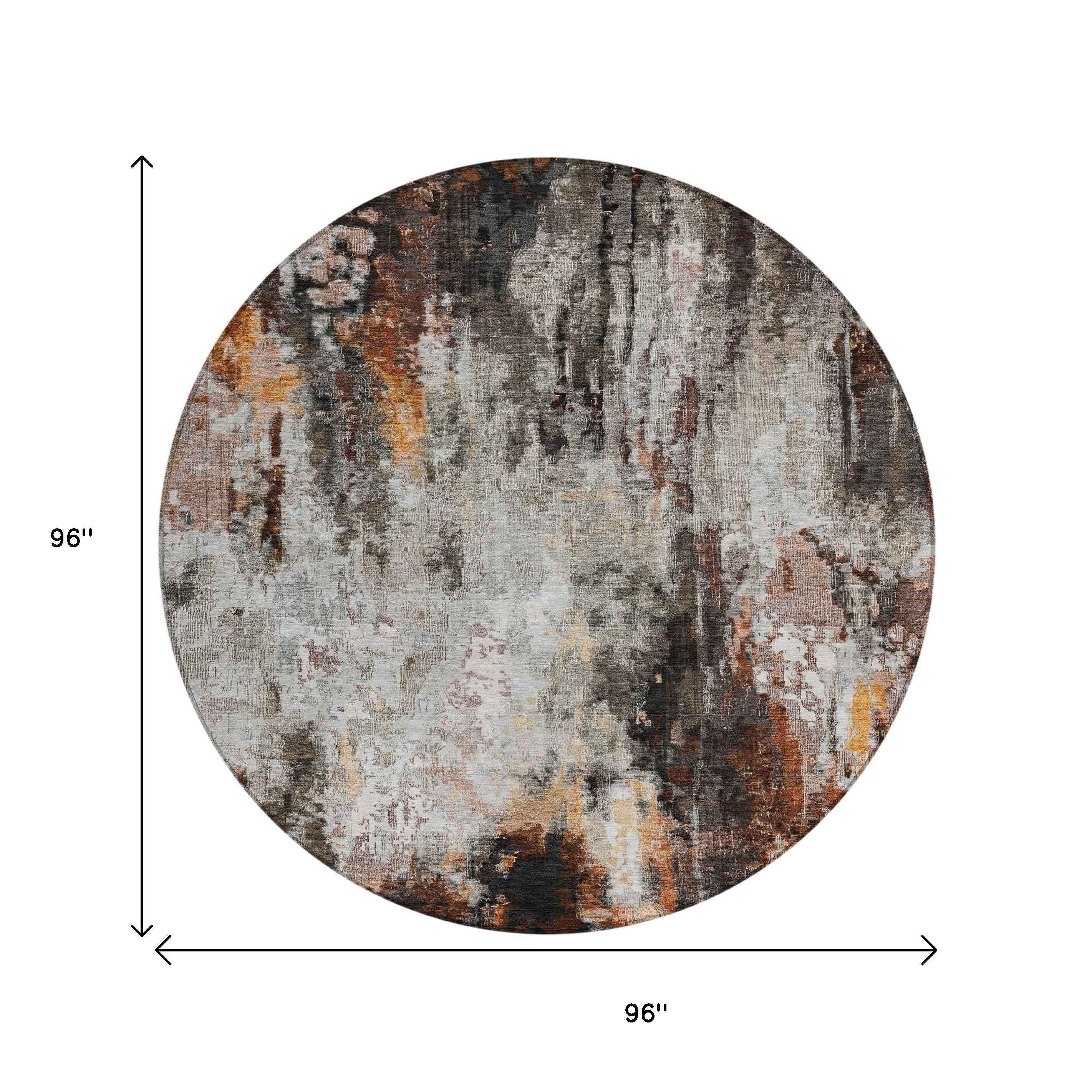 8' Gray Rust And Ivory Round Abstract Washable Indoor Outdoor Area Rug