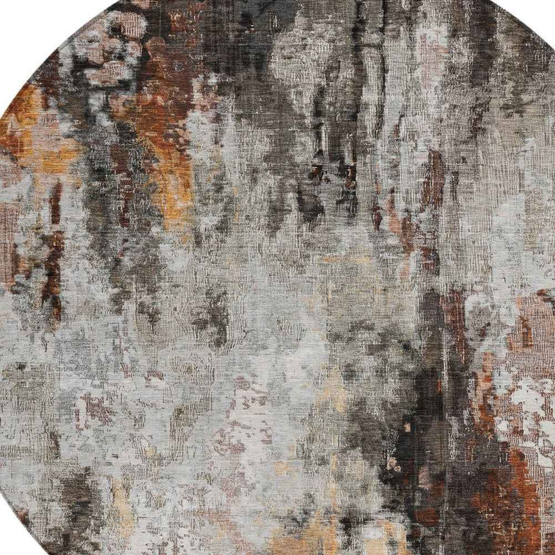 8' Gray Rust And Ivory Round Abstract Washable Indoor Outdoor Area Rug