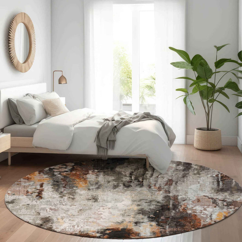 8' Gray Rust And Ivory Round Abstract Washable Indoor Outdoor Area Rug