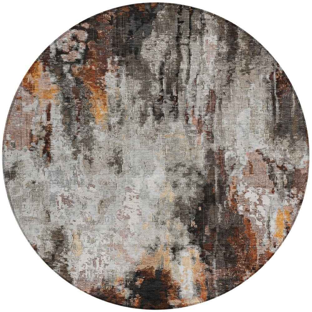 8' Gray Rust And Ivory Round Abstract Washable Indoor Outdoor Area Rug