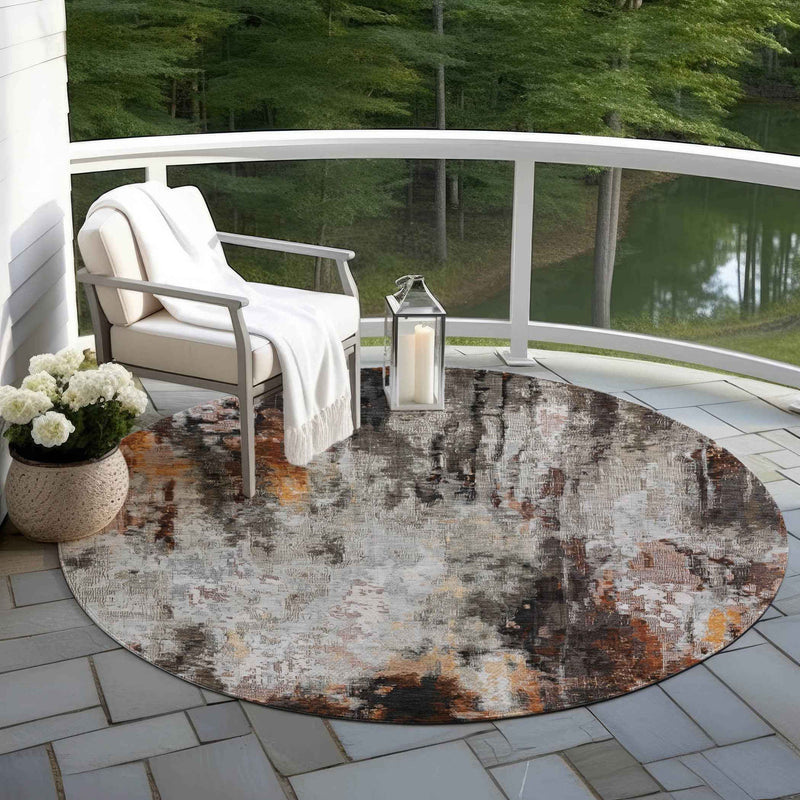 8' Gray Rust And Ivory Round Abstract Washable Indoor Outdoor Area Rug