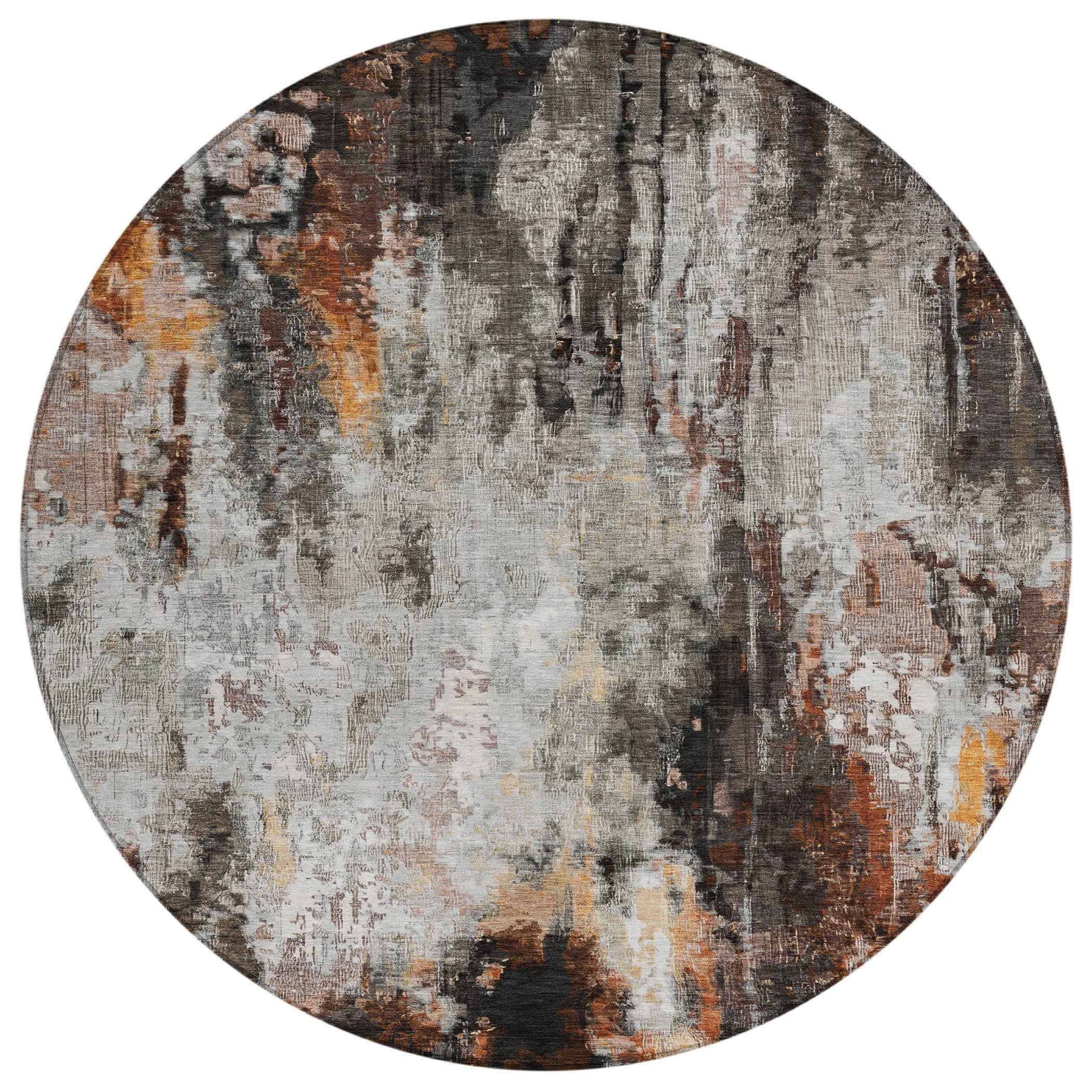 8' Gray Rust And Ivory Round Abstract Washable Indoor Outdoor Area Rug