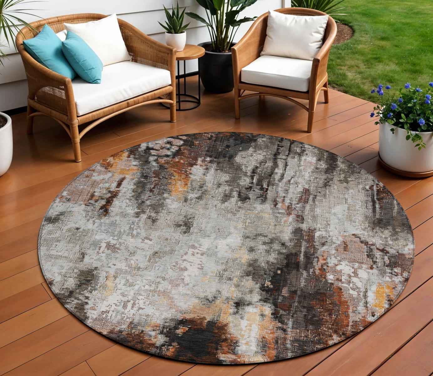 8' Gray Rust And Ivory Round Abstract Washable Indoor Outdoor Area Rug