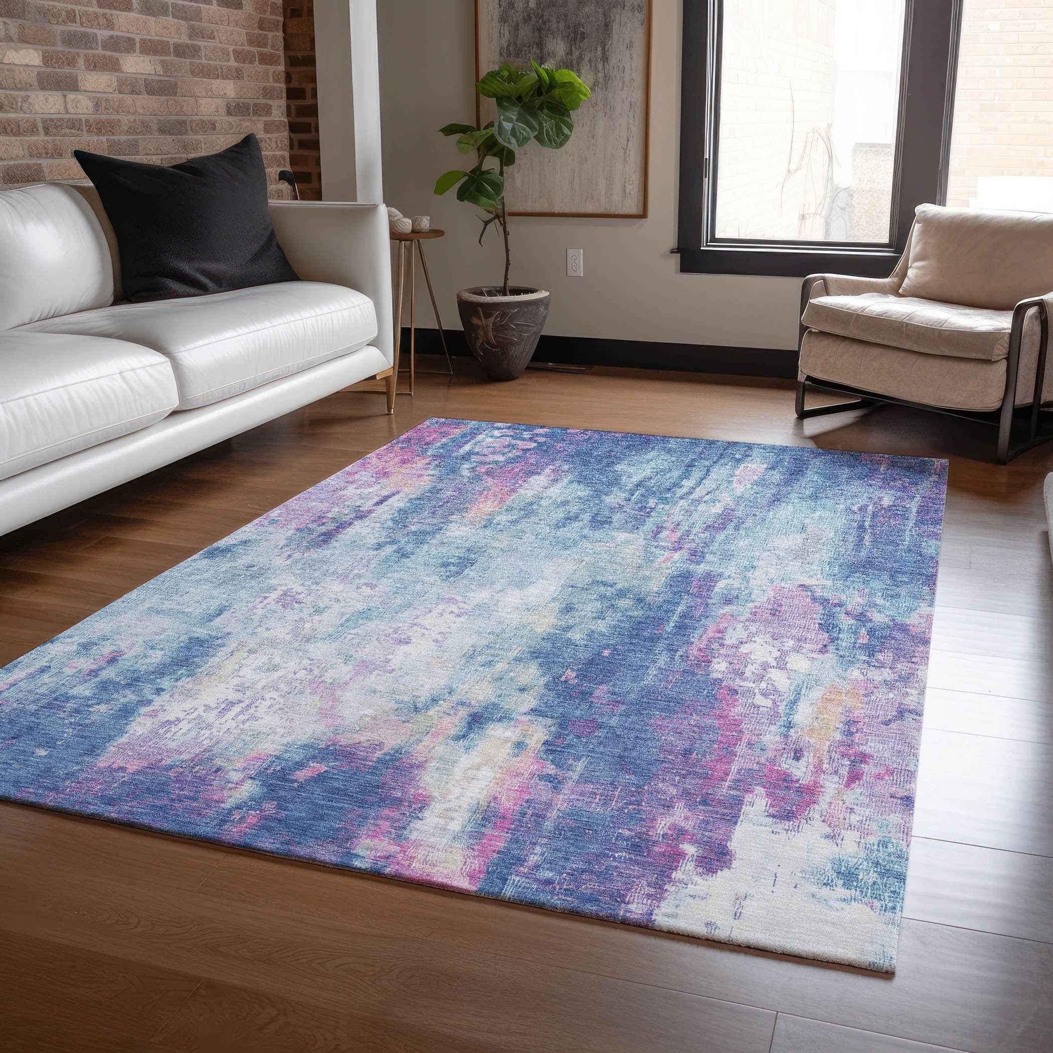 5' X 8' Blue Peach And Sky Blue Abstract Washable Indoor Outdoor Area Rug