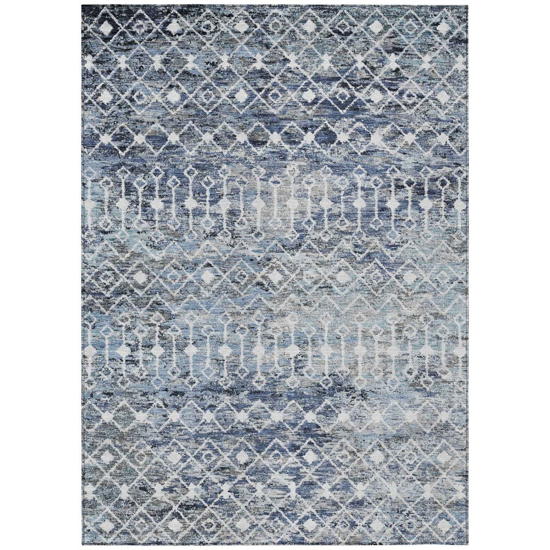 8' X 10' Blue And Silver Argyle Washable Indoor Outdoor Area Rug