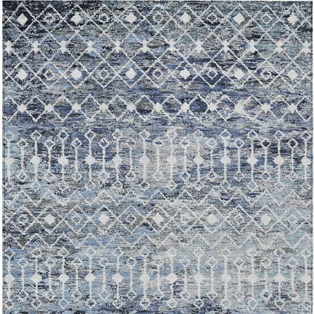 8' X 10' Blue And Silver Argyle Washable Indoor Outdoor Area Rug