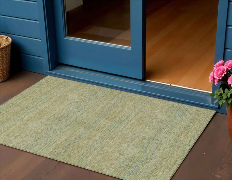 3' X 5' Wheat And Sage Striped Washable Indoor Outdoor Area Rug