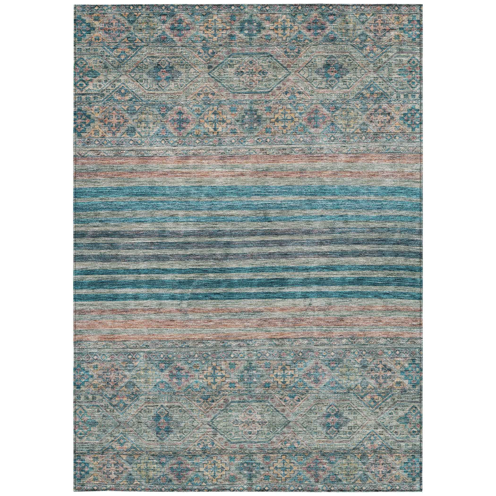 3' X 5' Teal Blue Salmon And Beige Medallion Washable Indoor Outdoor Area Rug