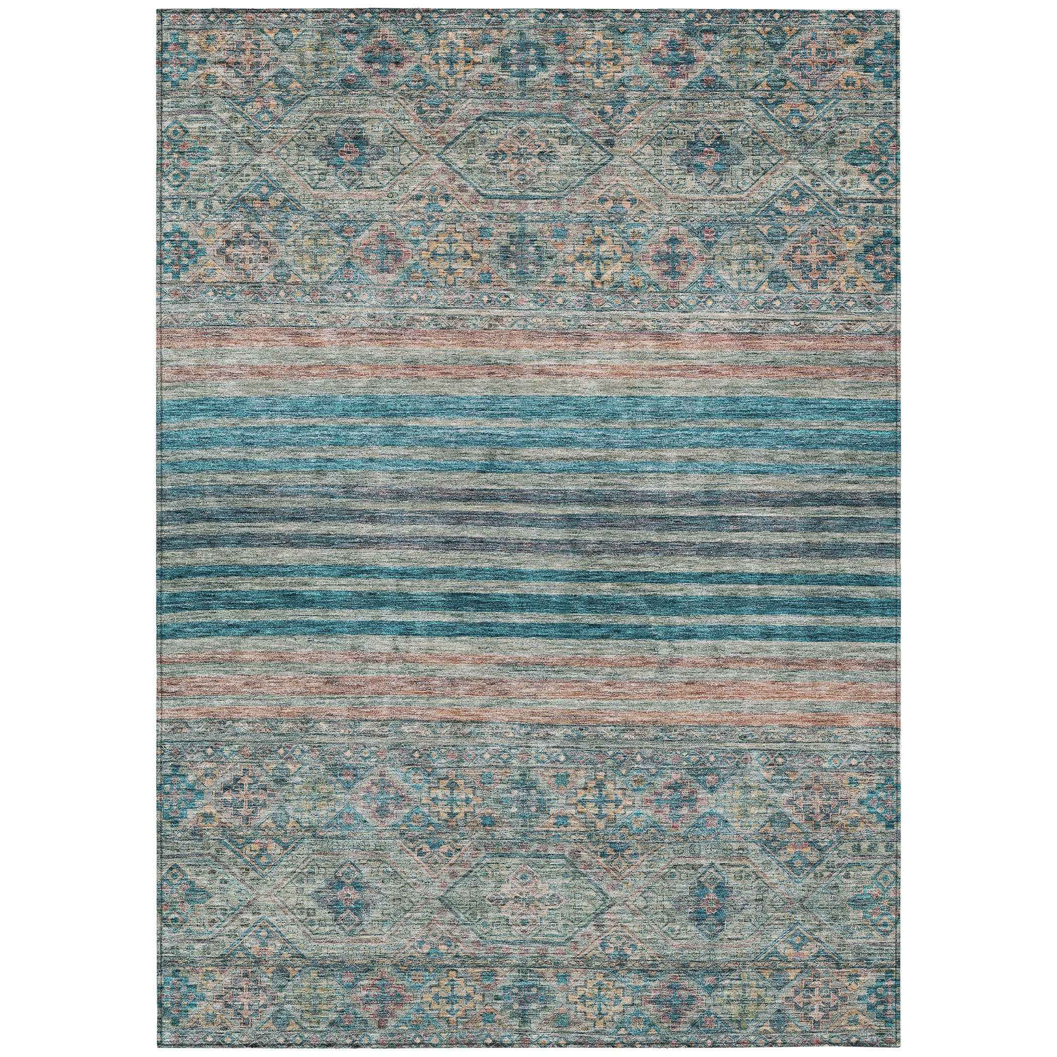 3' X 5' Teal Blue Salmon And Beige Medallion Washable Indoor Outdoor Area Rug